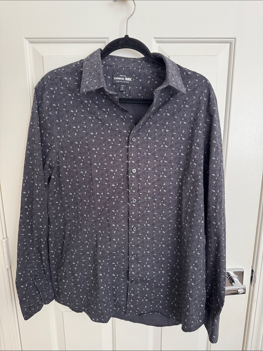 Express Men’s Charcoal Button-Down Shirt with White Micro Print